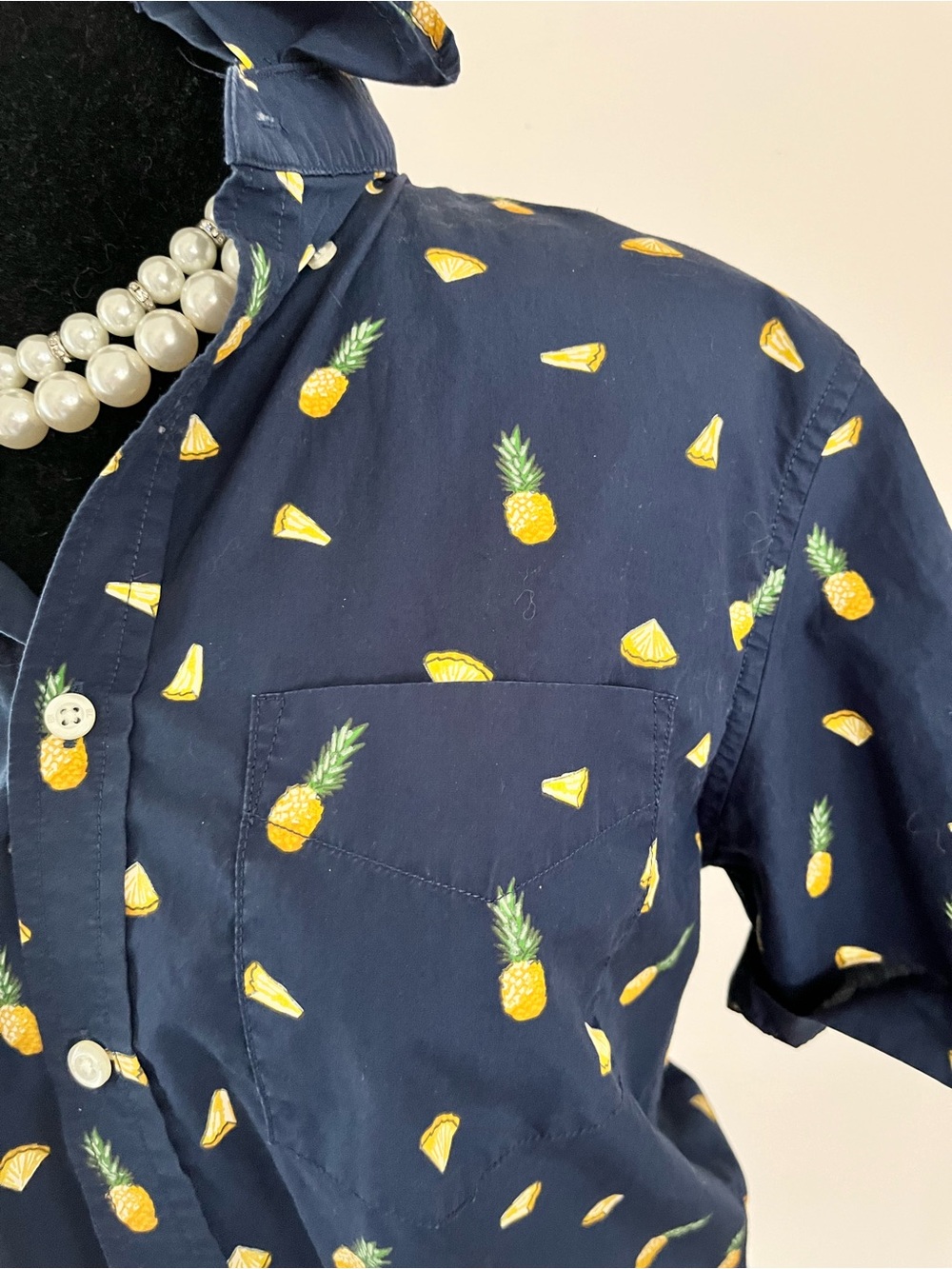 Upcycled Banana Republic Navy Blue Pineapple Print Ruffle Collar Shirt